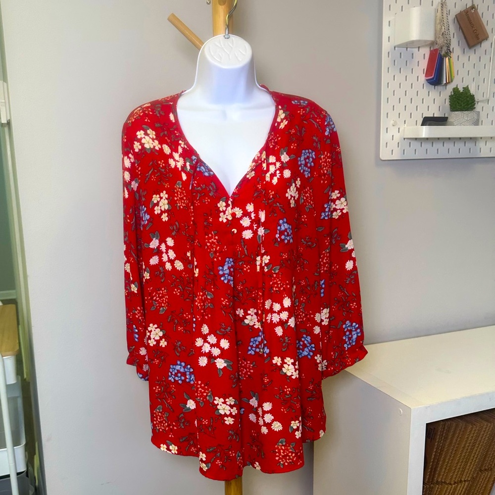 Kenar Red Floral Women's Blouse Size XL